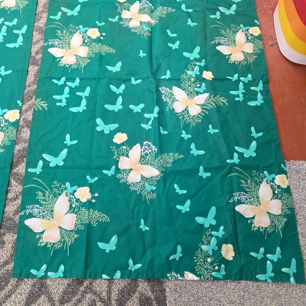 Vintage‎ Hygiene Industries Green Butterfly Floral Curtain Set 2 Panels 33x54